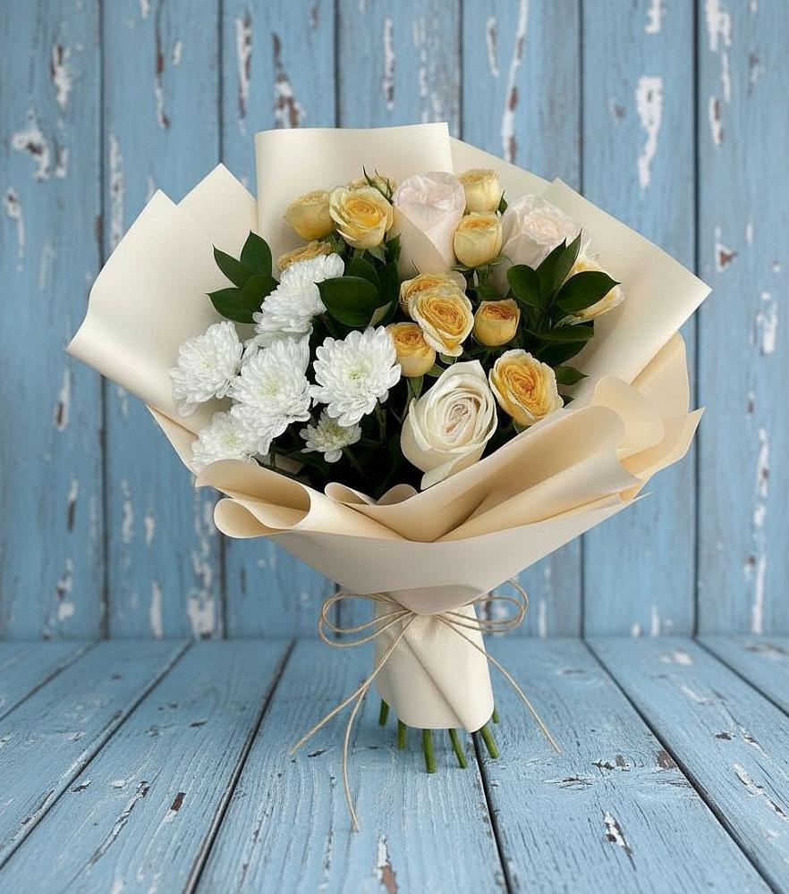 Букет цветов из: Розы и Хризантемы в Поселок санатория Озеро Белое