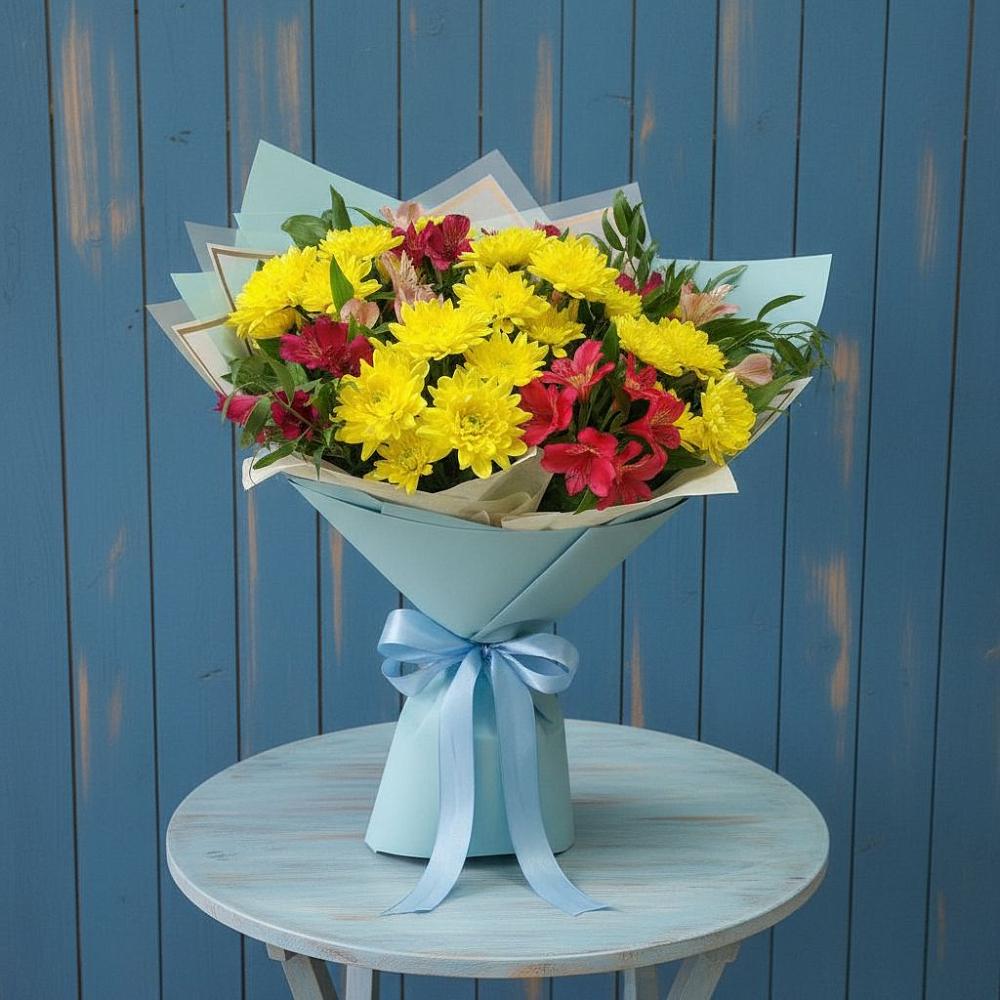 Букет цветов из: Альстромерии и Хризантемы в Поселок санатория Озеро Белое