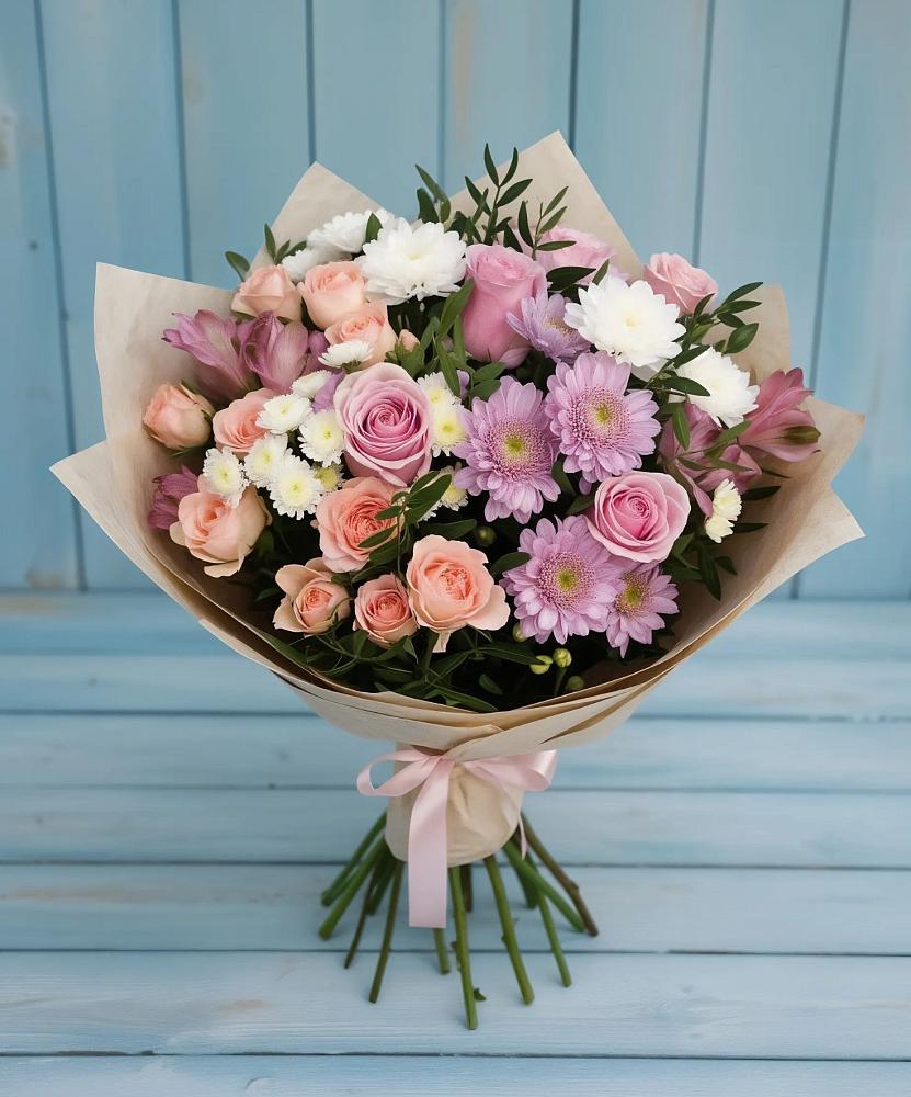 Букет цветов из: Хризантемы, Розы и Альстромерии в Поселок санатория Озеро Белое