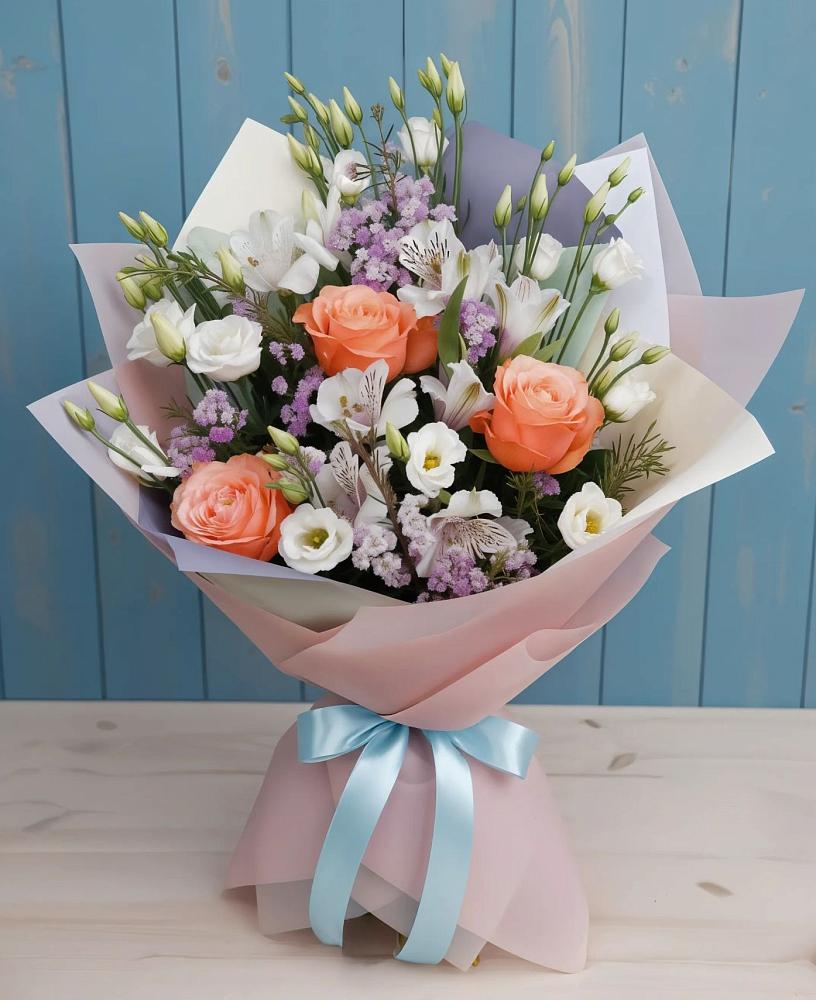 Букет цветов из: Лизиантусы, Розы, Альстромерии и Гипсофила в Поселок санатория Озеро Белое