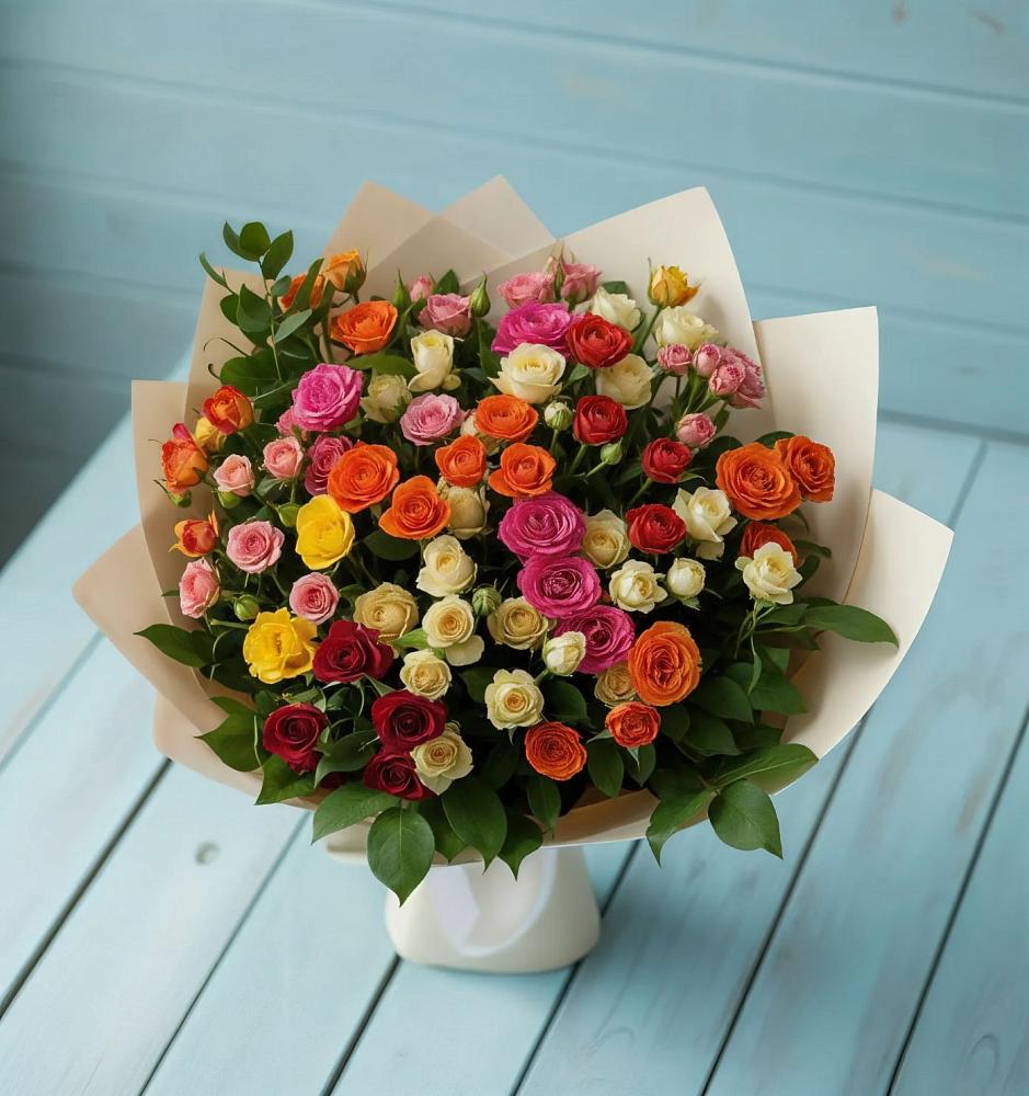 Букет Микс из разноцветных кустовых роз в Поселок санатория Озеро Белое