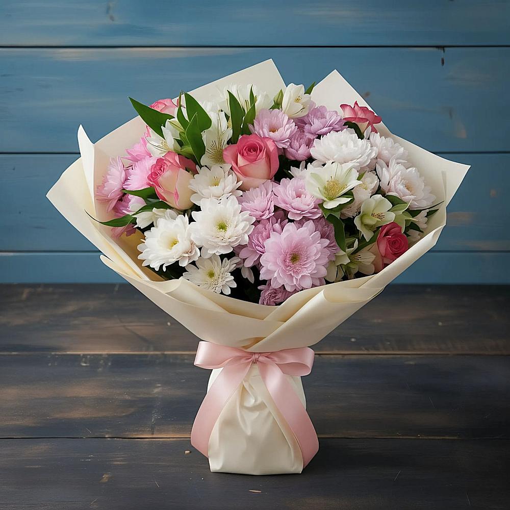 Букет цветов из: Хризантемы, Альстромерии и Розы в Поселок санатория Озеро Белое